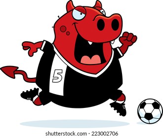A cartoon illustration of a devil playing soccer.
