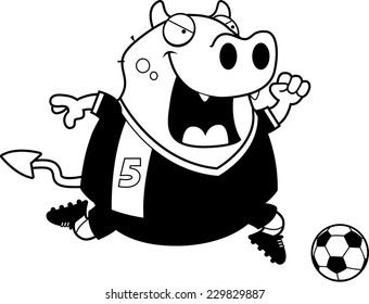A cartoon illustration of a devil playing soccer.