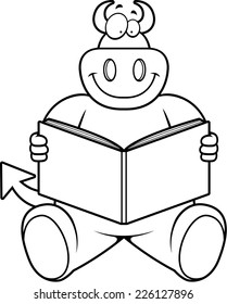 A cartoon illustration of a devil reading a book.