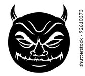 Cartoon illustration of a devilish, evil smiley face in black.
