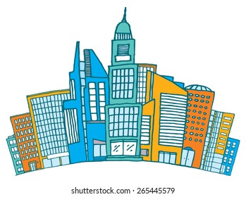 Cartoon illustration of different buildings together on busy district