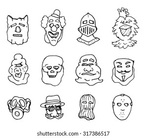Cartoon illustration of different costume and masks set