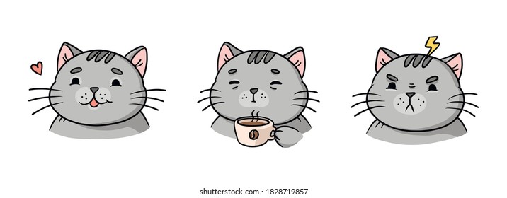 Ilustración de caricaturas de diferentes emociones de gatos grises