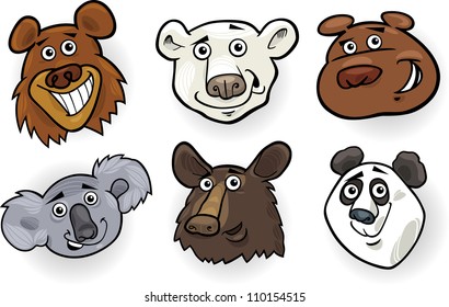 Cartoon Illustration of Different Funny Bears Heads Set: Grizzly, Polar Bear, Panda, Koala and American Black Bear
