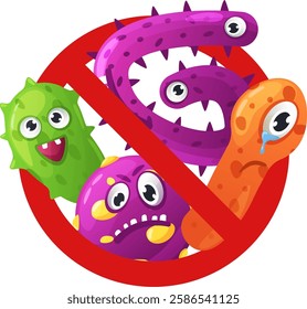 Cartoon illustration of different funny and colorful viruses and bacteria crossed by a red forbidden sign, representing the fight against infections