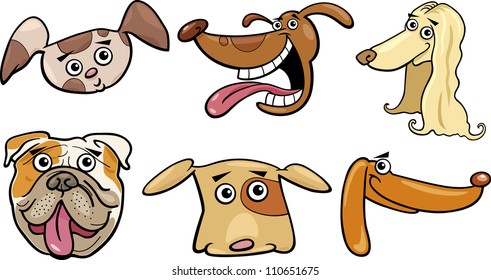 Cartoon Illustration of Different Funny Dogs Heads Set