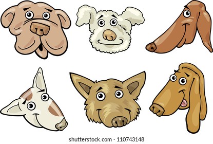 Cartoon Illustration of Different Funny Dogs Heads Set