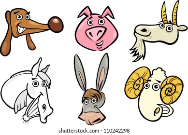 Cartoon Illustration of Different Funny Farm Animals Heads Set: Goat, Pig, Ram, Horse, Dog and Donkey