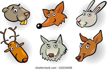 Cartoon Illustration of Different Funny Forest Animals Heads Set: Beaver, Fox, Rabbit or Hare, Deer, Wolf and Doe or Roe