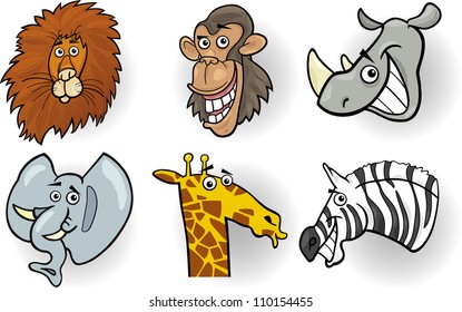Cartoon Illustration of Different Funny Wild Animals Heads Set: Lion, Chimp, Rhino, Elephant, Giraffe and Zebra