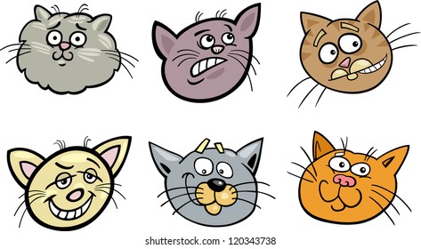 Cartoon Illustration of Different Happy Cats ot Kittens Heads Collection Set