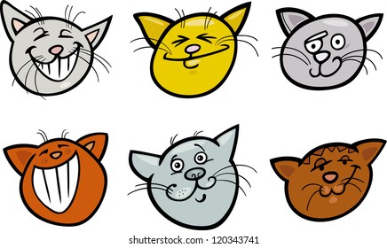 Cartoon Illustration of Different Happy Cats ot Kittens Heads Collection Set