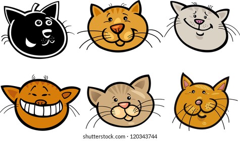 Cartoon Illustration of Different Happy Cats ot Kittens Heads Collection Set