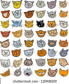 Cartoon Illustration of Different Happy Cats ot Kittens Heads Big Collection Set