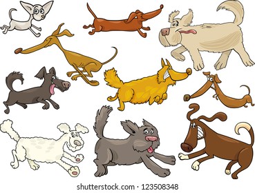 Cartoon Illustration of Different Playful Running Dogs or Puppies Set