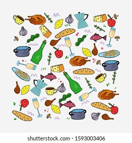 Cartoon illustration of different type of food. Flat style illustration on the white background