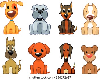 Cartoon illustration of different types of dogs