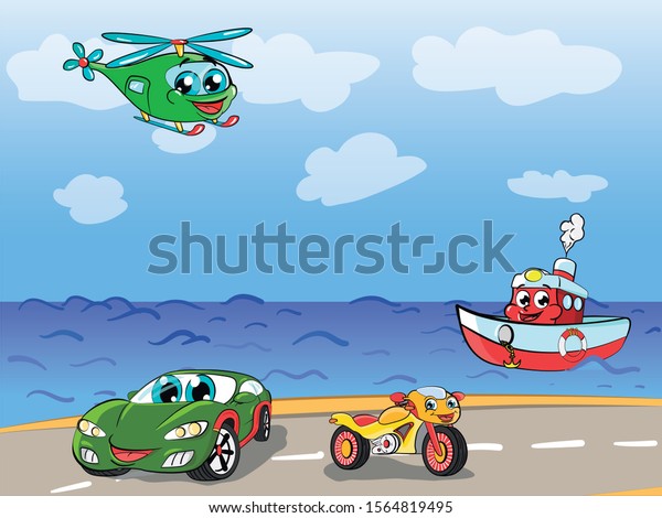 Cartoon illustration of different types of\
transport for young\
children.
