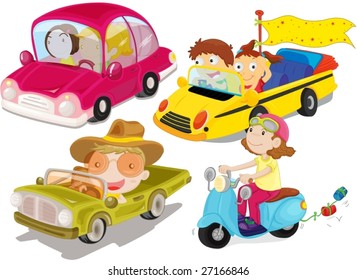 a cartoon illustration of differernt types of vehciles