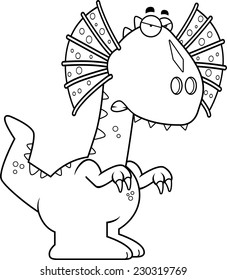A cartoon illustration of a Dilophosaurus dinosaur looking angry.