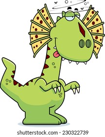 A cartoon illustration of a Dilophosaurus dinosaur looking drunk.