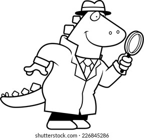 A cartoon illustration of a dinosaur detective with a magnifying glass.