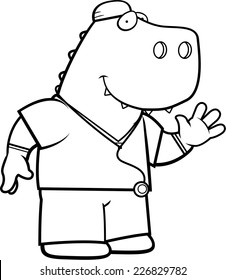 A cartoon illustration of an dinosaur doctor in scrubs.