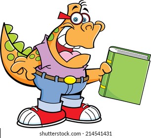 Cartoon illustration of a dinosaur holding a book.