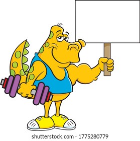 Cartoon illustration of a dinosaur holding a dumbbell and a sign.