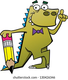 Cartoon illustration of a dinosaur holding a pencil with an idea.