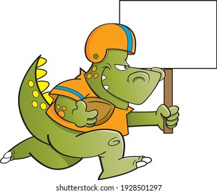 Cartoon illustration of a dinosaur playing football and holding a large sign.