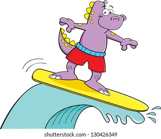 Cartoon illustration of a dinosaur surfing.