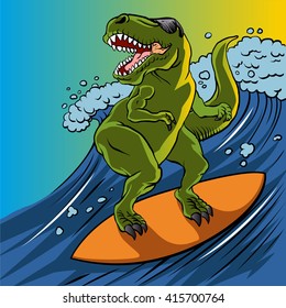 Cartoon illustration of a dinosaur surfing.