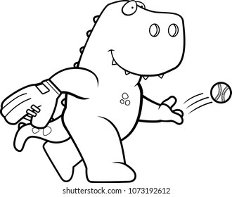 A cartoon illustration of a dinosaur tossing a baseball.