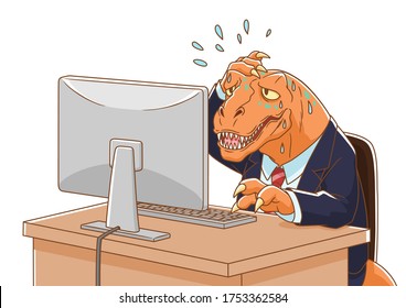 Cartoon illustration of Dinosaur wearing suit working with computer. 