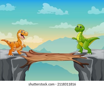 Cartoon illustration of dinosaurs on a cliff