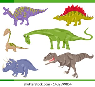 Cartoon Illustration of Dinosaurs Prehistoric Reptile Species Set