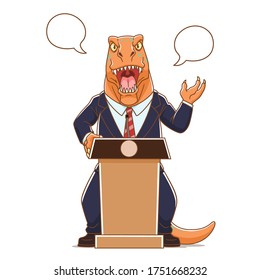 Cartoon illustration of Dinosaurs wearing suits talking on podium.