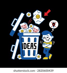A Cartoon Illustration of Discarding Bad Ideas into a Trash Can Bin