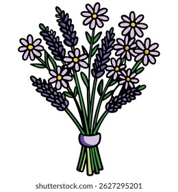 Cartoon illustration displays a bouquet of lavender sprigs and daisy flowers secured with a purple ribbon tie. Isolated on a white background.
