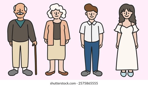 Cartoon illustration of diverse characters: elderly man with cane, elderly woman, young man, young woman in dress. Cartoon style, diverse characters, colorful illustration. Character element vectors.