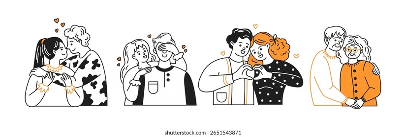 Cartoon illustration of diverse couples showing affection and love in charming ways. Each couple poses uniquely conveying joy and connection on a white background.