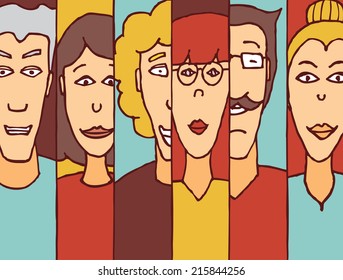 Cartoon illustration of diverse people faces as a colorful team