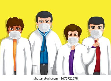 Cartoon illustration of doctor. Frontline heroes, Illustration of doctors and nurses characters wearing masks. Vector can be used for digital and print needs.