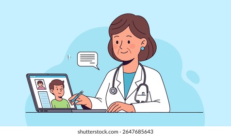 Cartoon illustration of a doctor with a stethoscope holding a pen, consulting with a patient displayed on a laptop screen during a telemedicine appointment.