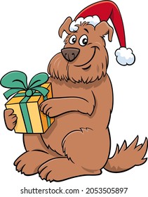 Cartoon illustration of dog animal character with present on Christmas time