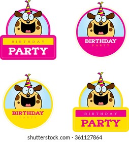A cartoon illustration of a dog in a birthday themed graphic.