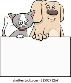 Cartoon illustration of dog and cat with blank card or board graphic design