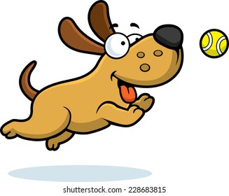 A cartoon illustration of a dog chasing a ball.