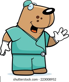 A cartoon illustration of an dog doctor in scrubs.
